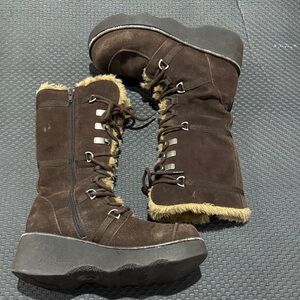 Vintage Bakers Chuncky Dark Brown Faux-Suede Lace-Up Fur-Trim Platform Boots Y2K